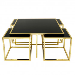 Ensemble Table basse & 4 tables d'appoint - MELIA Gold - Verre trempé noir