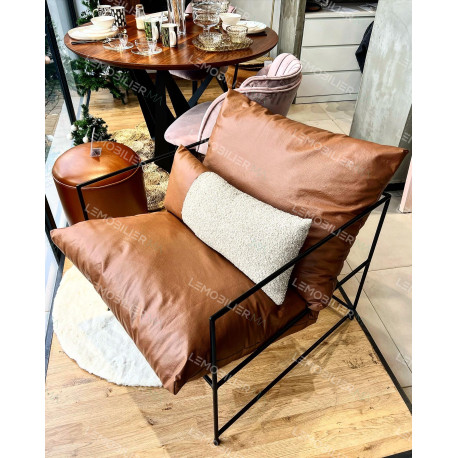 Fauteuil HEROE - Outdoor / Indoor - Cuir Cognac & Bouclette crème