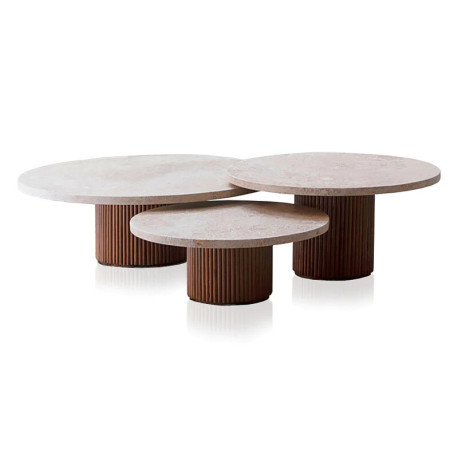 Table basse ZANOTTI - Plateau en travertin & base en bois de noyer