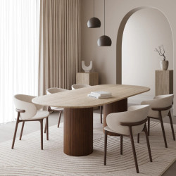 Table à manger ZANOTTA Ovalie - Plateau en Travertin ou Marbre & base en bois laqué de noyer