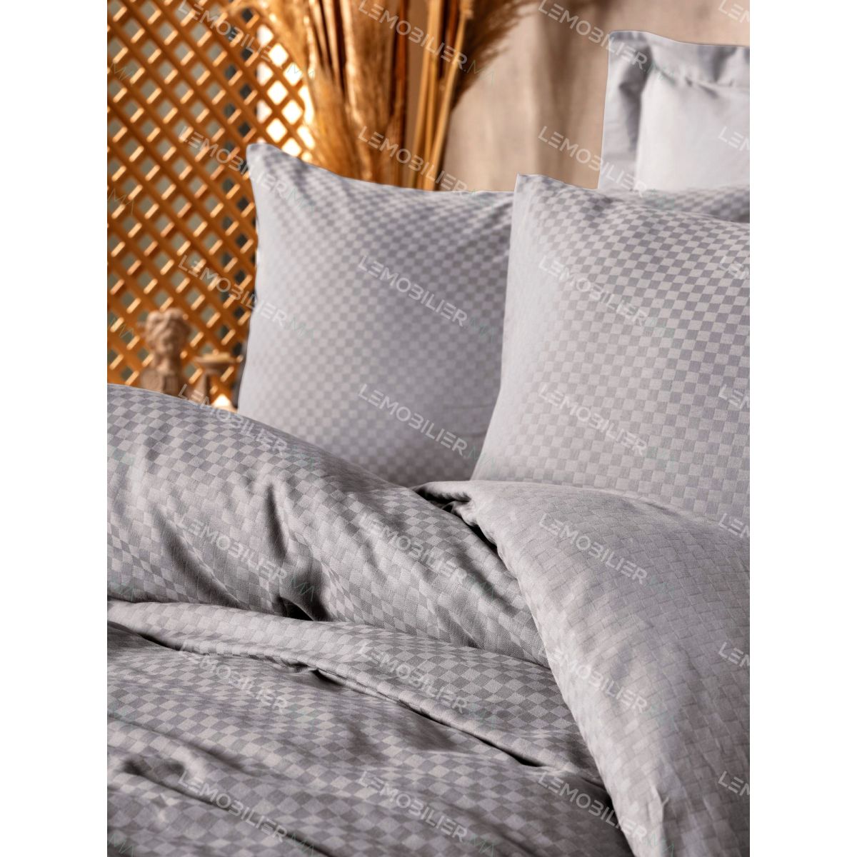 Parure De Lit Double 100% Flanelle Coton - Gris/taupe Rayures Géométriques - Drap Housse 175x200 Cm