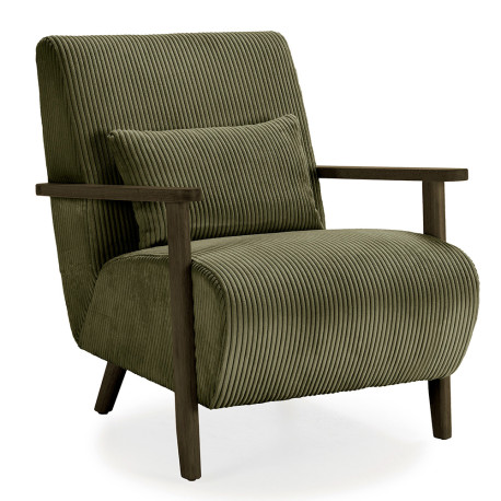 Fauteuil VEYA - Bois de Noyer & Toile côtelée Olive