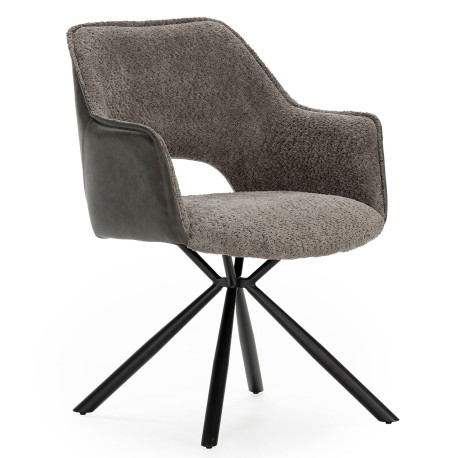 Fauteuil RAVEL - Toile chenille grise & Cuir anthracite