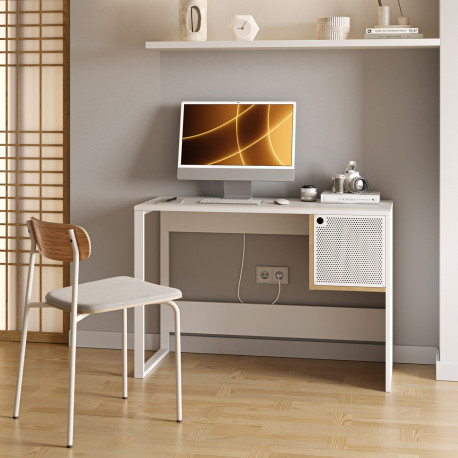 Bureau ALENA - 110cm - Blanc perle & Caisson Chêne