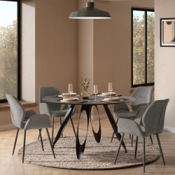 Table à manger ronde VOLTA - Plateau façon ardoise minérale & Pieds métal sculpturaux - 130 cm