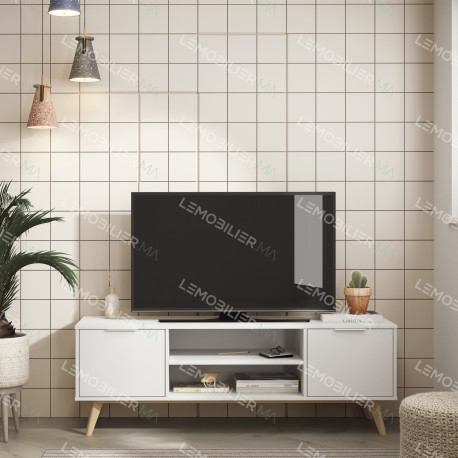 Meuble TV PISCO - Chêne & Laque blanche - 140 cm