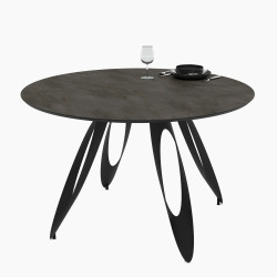 Table à manger ronde VOLTA - Plateau façon ardoise minérale & Pieds métal sculpturaux - 130 cm