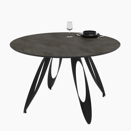 Table à manger ronde VOLTA - Plateau façon ardoise minérale & Pieds métal sculpturaux - 130 cm