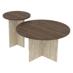 Duo de tables basses GEMELLA - 70 & 40 cm - Noyer & Travertin