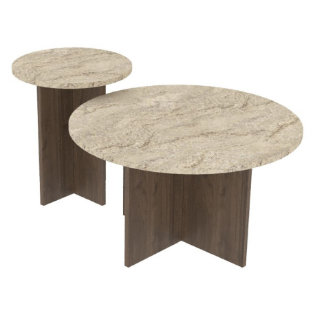 Duo de tables basses GEMELLA - 70 & 40 cm - Travertin & Noyer