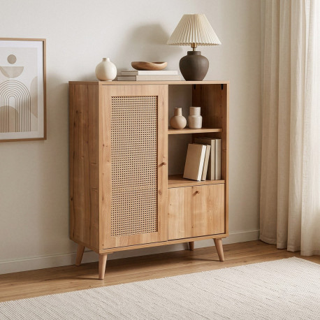 Buffet haut WOODSY - Chêne miel & cannage - 90 cm