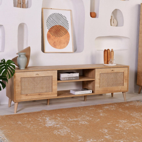Meuble TV WOODSY - Chêne miel & cannage - 180 cm