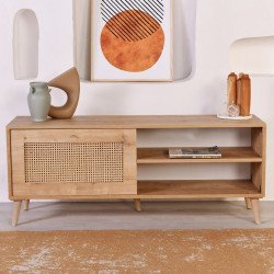 Meuble TV WOODSY - Chêne miel & cannage - 140 cm