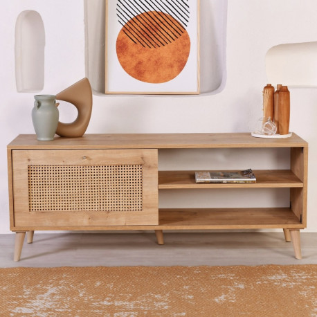 Meuble TV WOODSY - Chêne miel & cannage - 140 cm