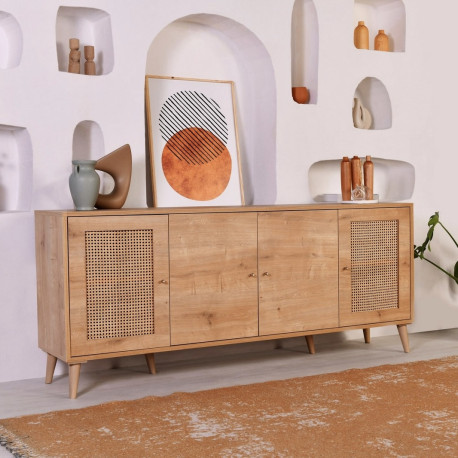 Buffet bas WOODSY - Chêne miel & cannage - 180 cm