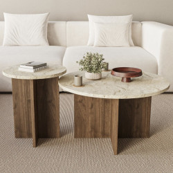 Duo de tables basses GEMELLA - 70 & 40 cm - Noyer & Travertin