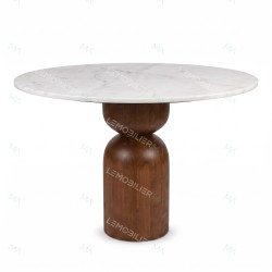 Table à manger ronde MASSIA - Marbre blanc & Pied bois sculpté - Ø120 cm
