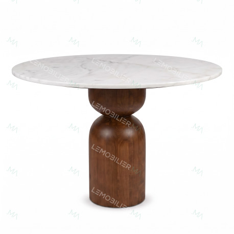 Table à manger ronde MASSIA - Marbre blanc & Pied bois sculpté - Ø120 cm