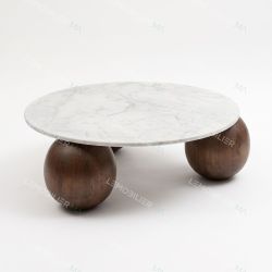 Table basse MAISSA - Marbre blanc & Noyer massif - Ø110 cm