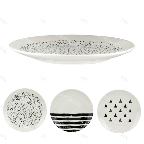 Set de 6 Assiettes porcelaine Black & White - 20,5 cm - 3 motifs au choix