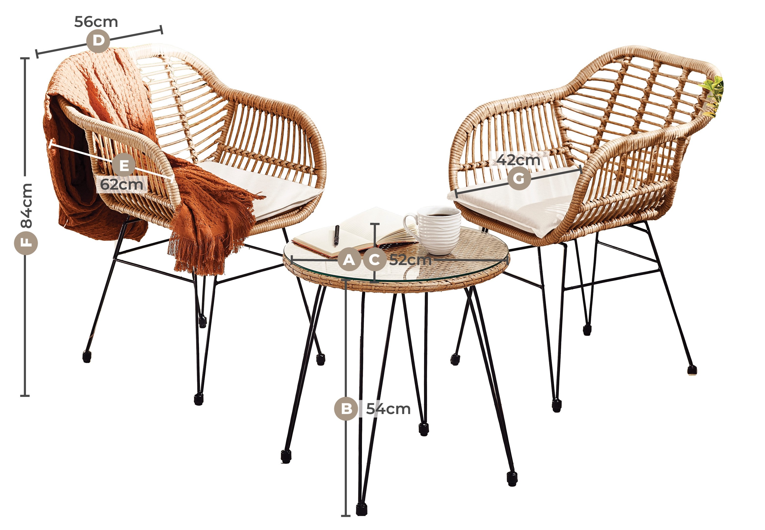 Schéma dimensions ensemble de jardin NUSA — fauteuil 56x62x84 et table basse Ø52xH54