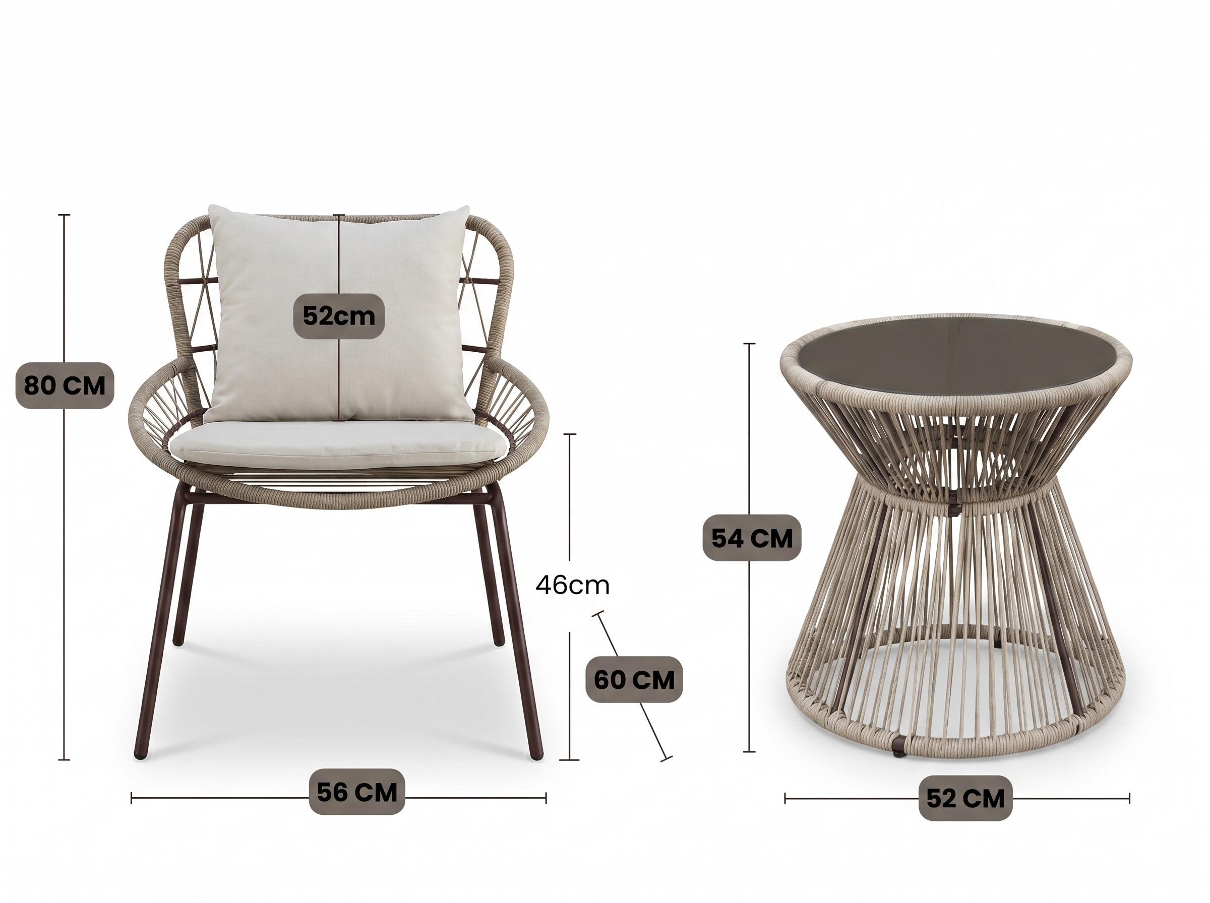 Schéma dimensions ensemble de jardin SALINA — fauteuil 56x60x80 et table basse Ø52xH54