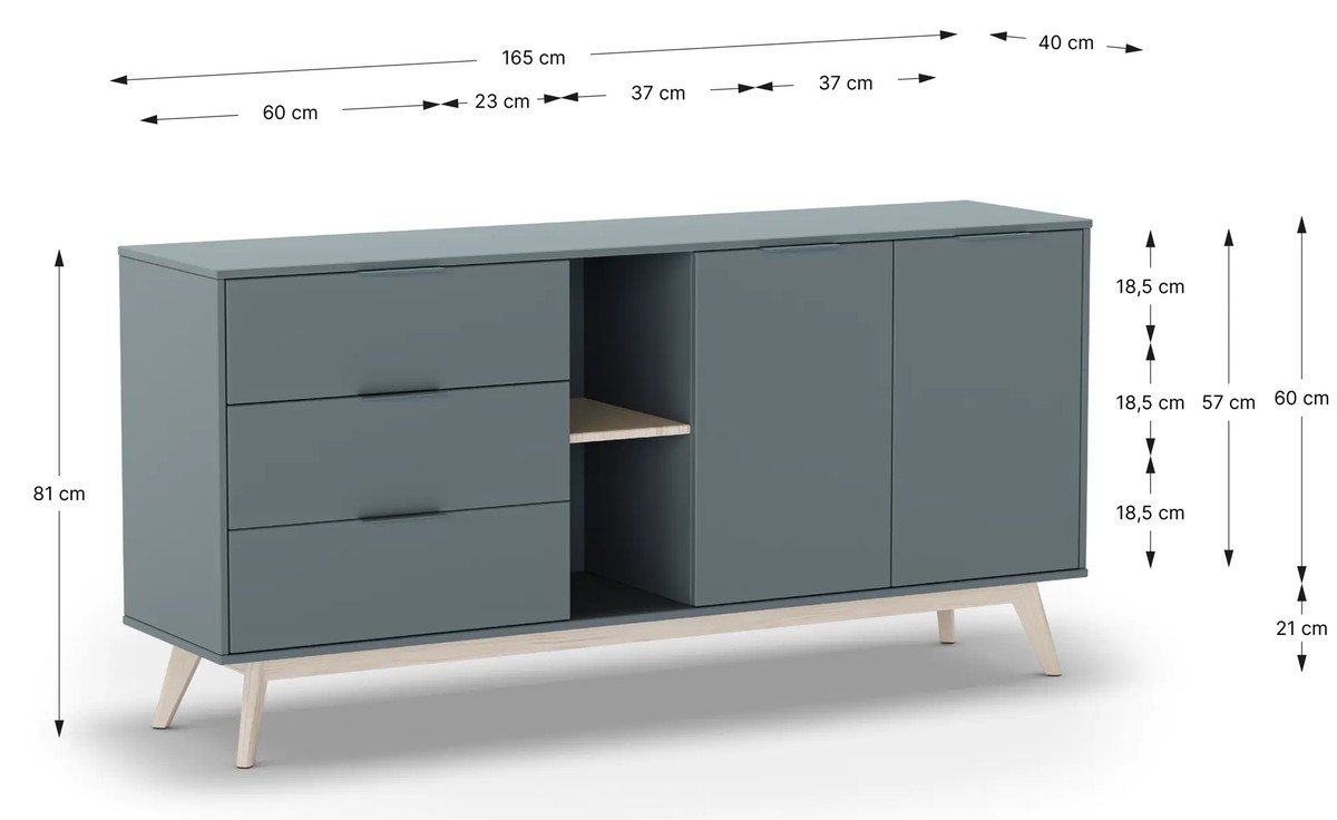 Schéma coté Buffet PISCO - Chêne & Laque vert de gris - 165 cm