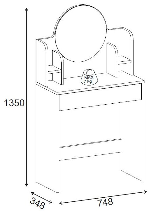 Dimensions Coiffeuse avec miroir BELLINA - Blanc mat - 75 cm
