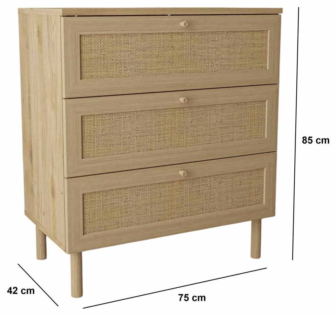 Dimensions Commode SALVIA - Chêne &amp; cannage - 3 tiroirs