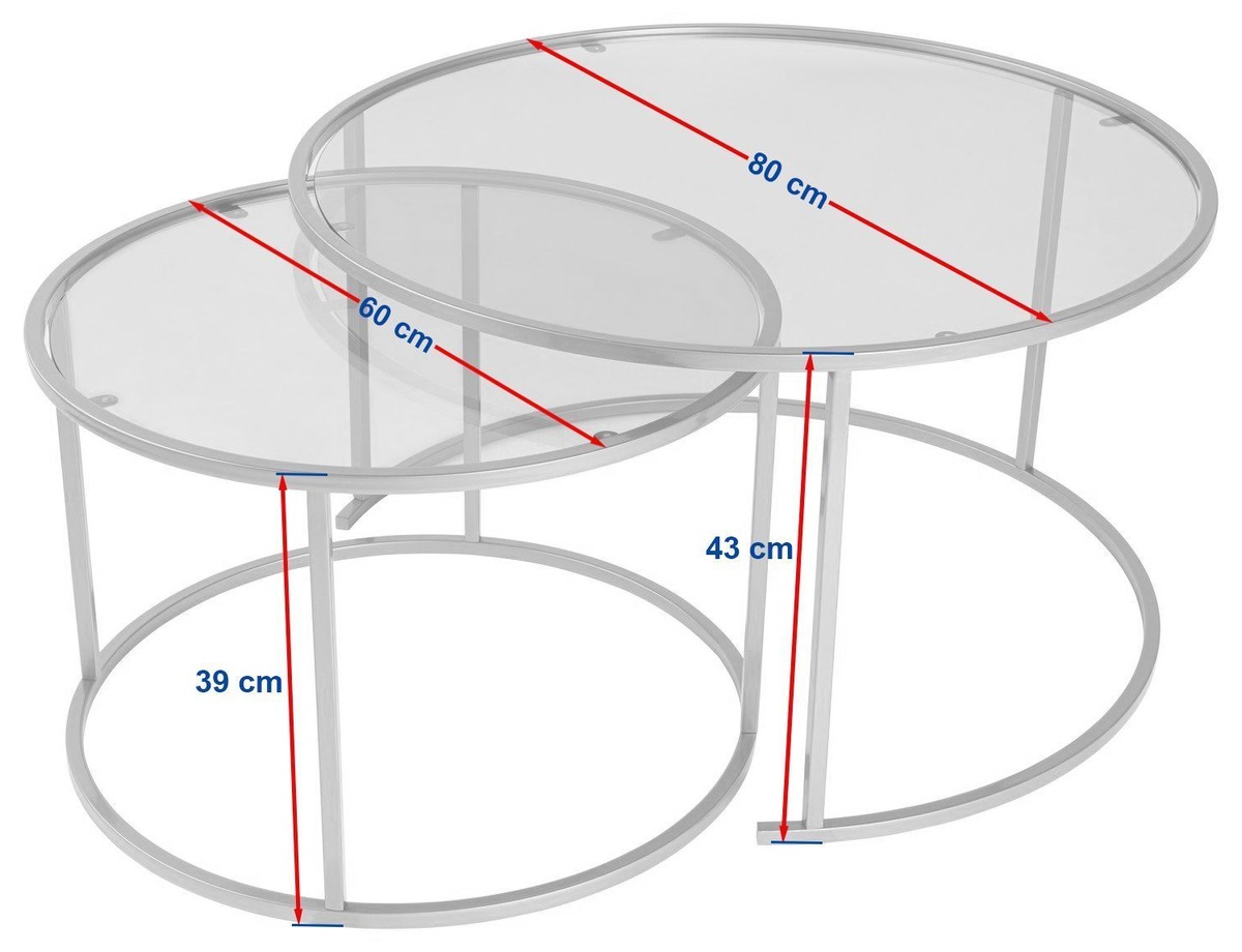 Dimensions Duo de tables gigognes OCTAVE - Verre fumé & Acier Noir - 80/60 cm