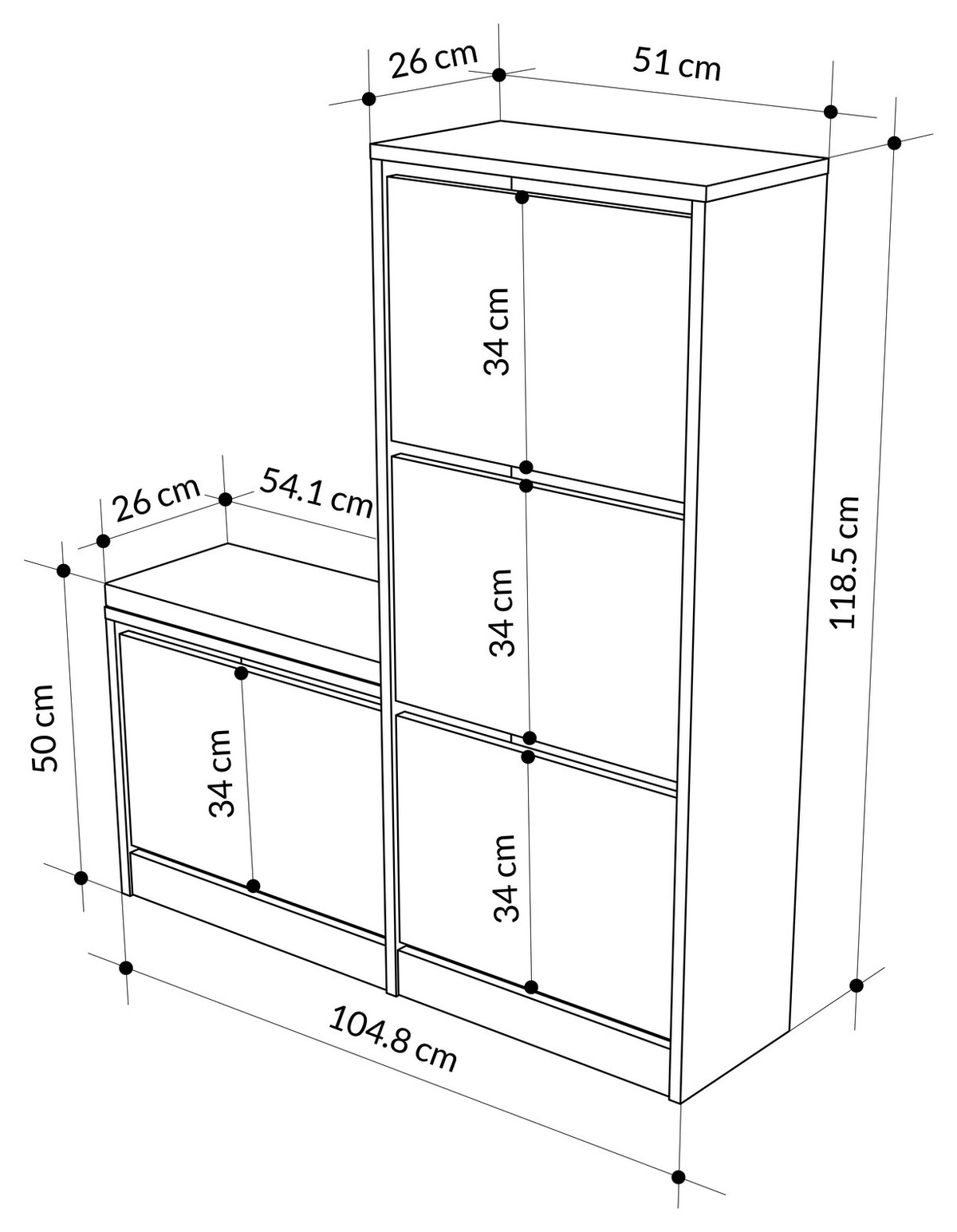 Dimensions Meuble à chaussures avec banc SCALA - 105 cm