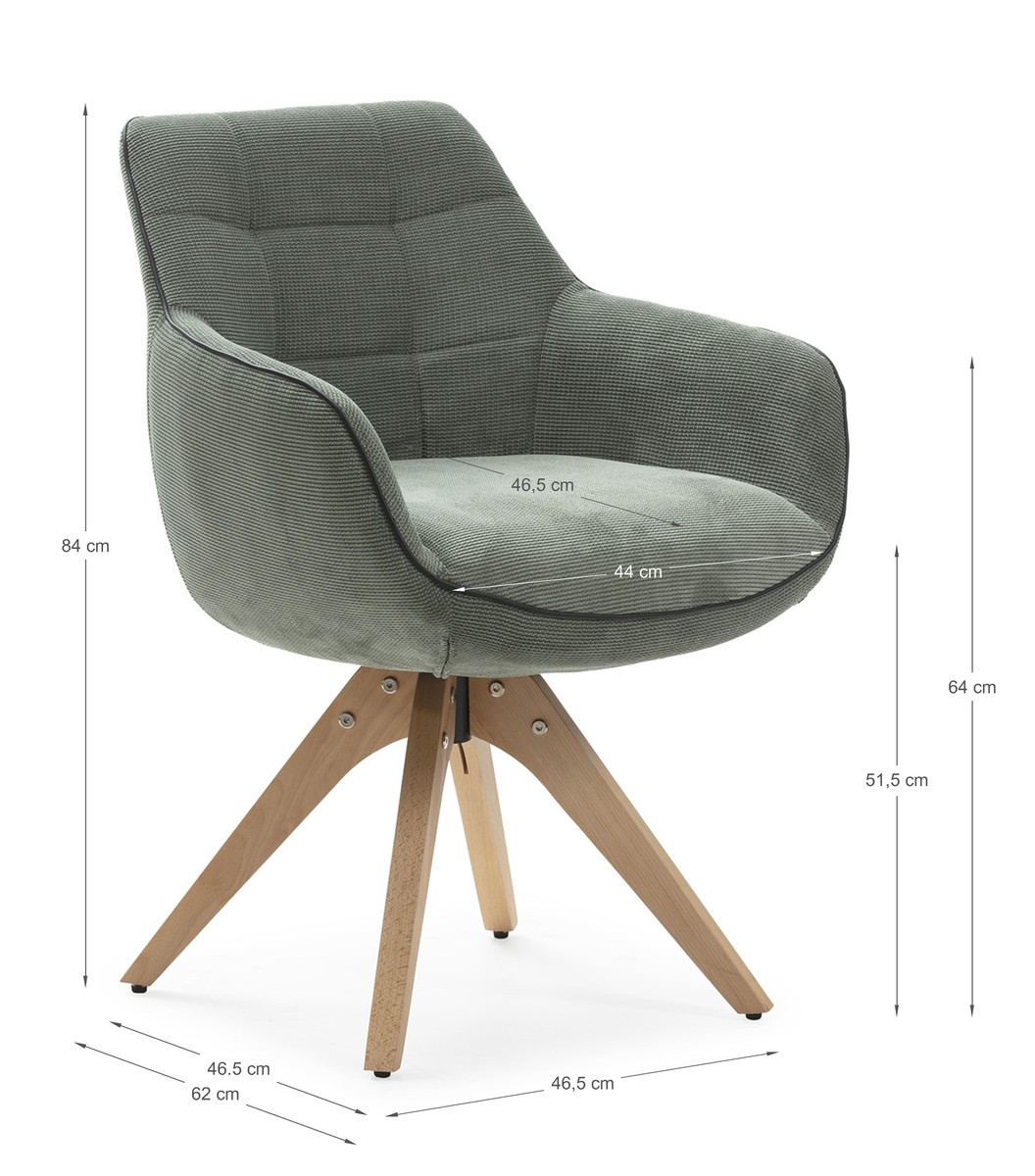 Schéma coté Fauteuil pivotant OLIVA - Toile piquée vert sauge & Chêne massif