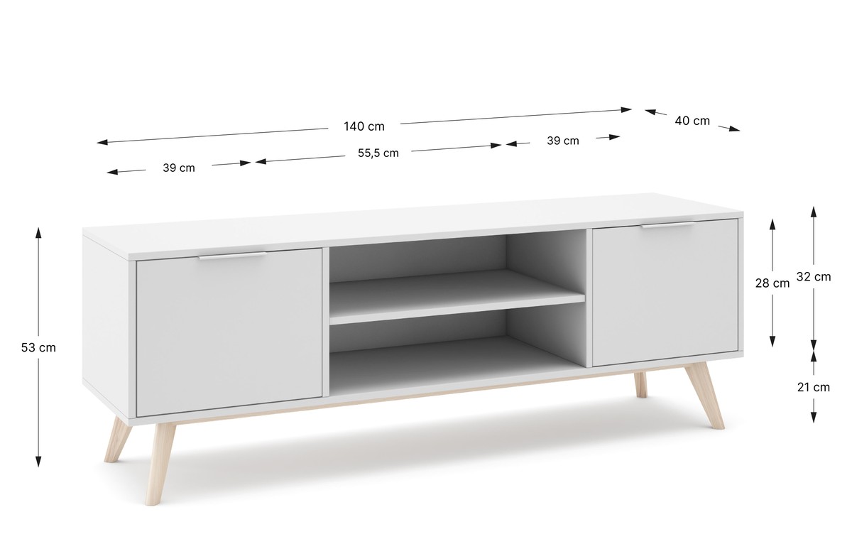 Schéma coté Meuble TV PISCO - Chêne & Laque blanche - 140 cm