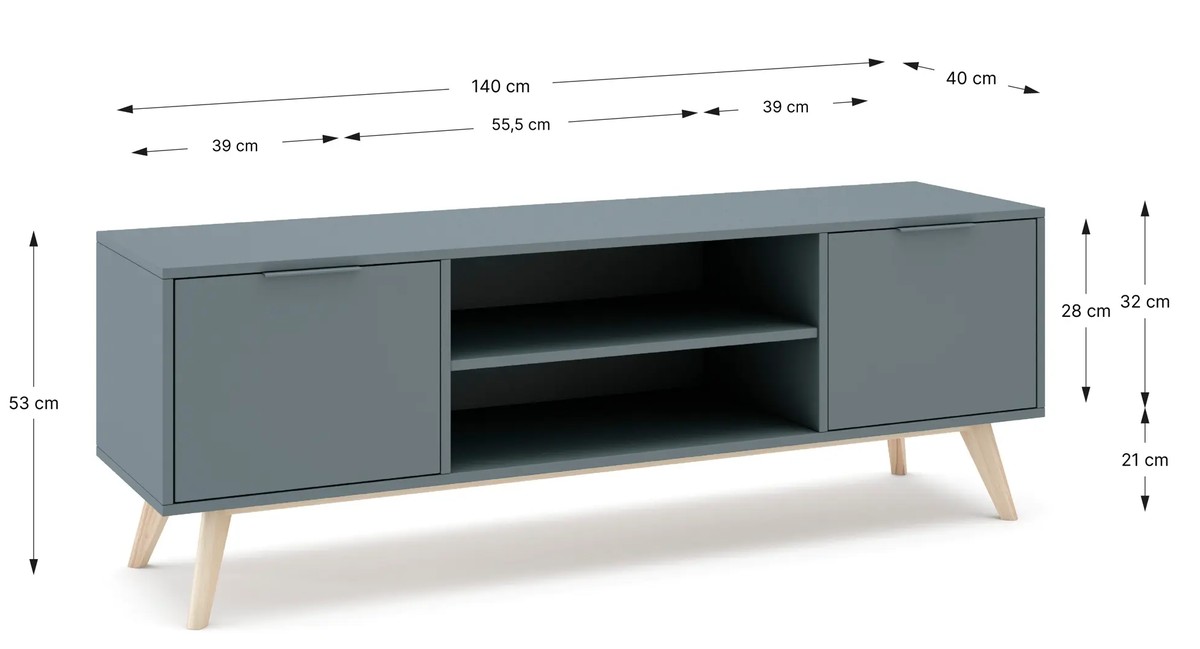 Schéma coté Meuble TV PISCO - Chêne & Laque vert de gris - 140 cm