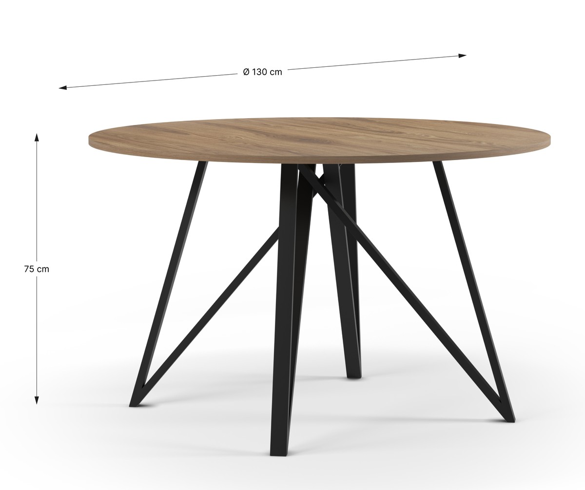 Schéma coté Table à manger ronde DUNA - Plateau noyer & Pieds métal sculpturaux - 130 cm