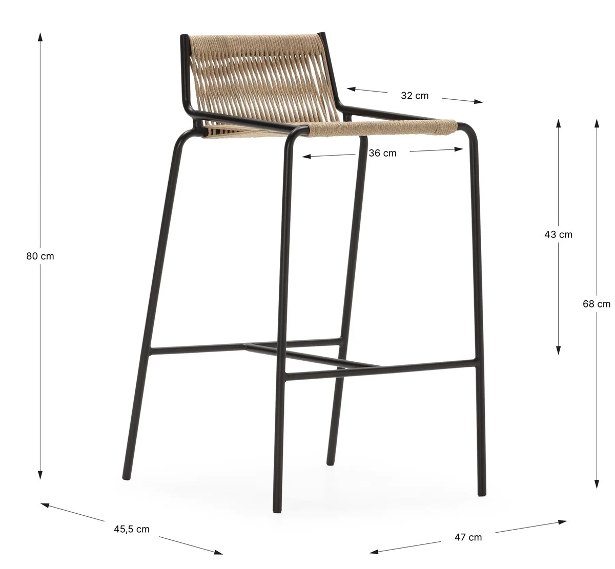 Schéma coté Tabouret de bar MARSALA - Cordage naturel tressé & Acier noir